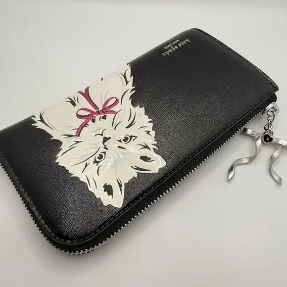 Kate Spade Whiskers Zip Around Continental Wallet KI714 Black with White Cat - Picture 10 of 12